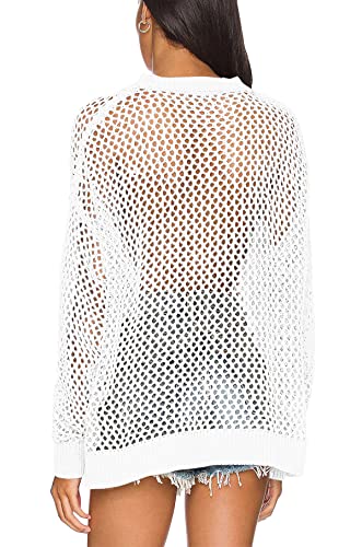 Ebifin Womens Crochet Tops Long Sleeve Beach Summer Sweater Crew Neck Mesh Cover Ups Bikini Swimsuit Tunic Pullover Tops White - image 4