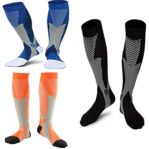 ZFiSt 3 Pair Medical Sport Compression Socks Men,20-30 mmhg Run Nurse Socks for Edema Diabetic Varicose Veins (Black+Blue+Orange)