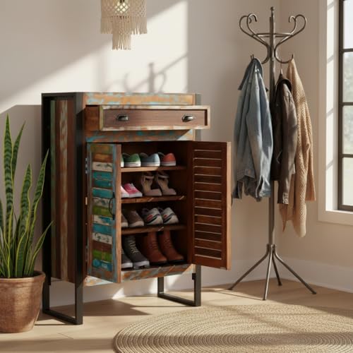 Image of APRODZ Reclaimed Wood Mauri 2-Door Shoe Cabinet with Drawer Storage Shoe Rack Organiser for Home