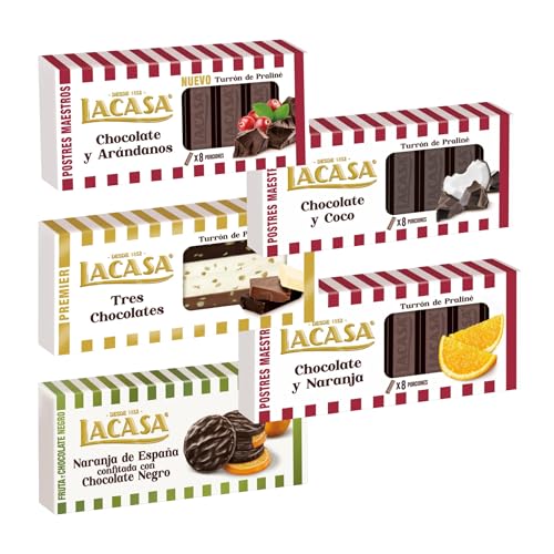 Pack Surtido 5 Turrones Lacasa:Arroz con Leche, Chocolate y Naranja, Cacao y Piña, Milhojas de Nata, Chocolate estilo Dubai con Pistacho y Kataifi