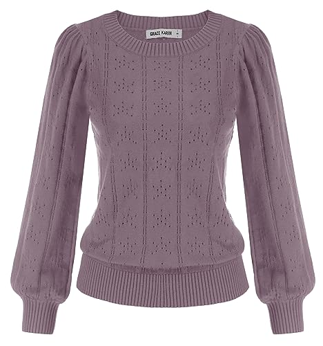 Image of GRACE KARIN Fall Sweaters for Women 2026 Puff Long Sleeve Crewneck Dressy Casual Tops Crochet Hollow Out Cute Pullover Blouse