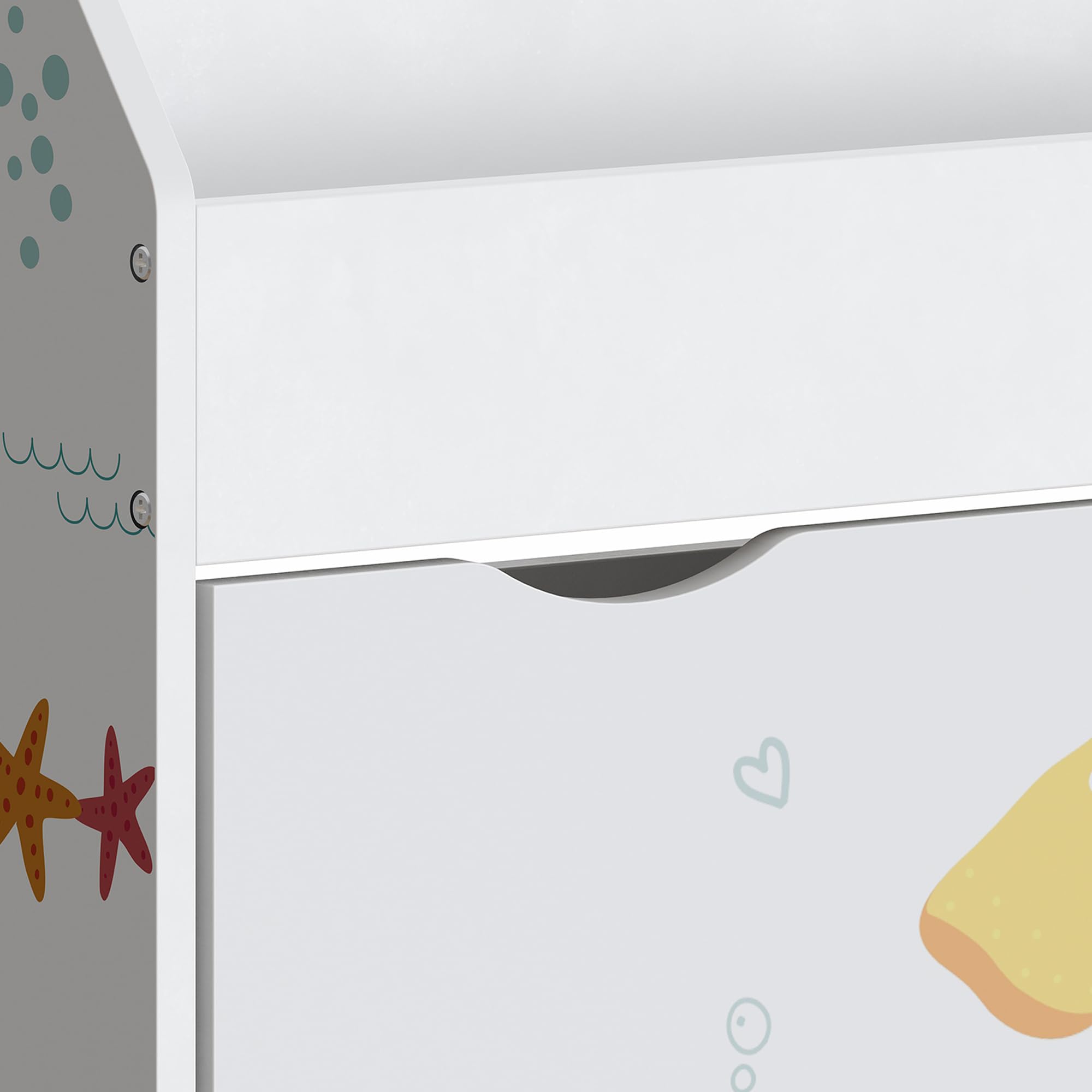 [en.casa] Étagère pour Enfants avec 3 Compartiments de Rangement Ouverts et 1 Tiroir sur roulettes Meuble de Stockage Coins Arrondis Panneau de Particules 70 x 63 x 30 cm Blanc Motif Aqua Dream