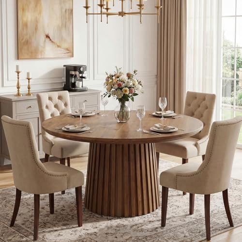 TRIBEWOOD Solid Wood Dining Table for 4-6 People, 47.3'' Round Kitchen Table with Fluted Base, Farmhouse Accent Dining Room Furniture, Rustic Brown