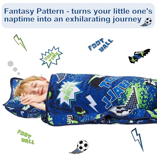 Image of Viviland Toddler Nap Mat with Pillow and Minky Blanket,Rolled Large Sleeping Mat for Boys,Kids Slumber Bag Nap Mat for Preschool, Daycare, Kindergarten, Travel Camping - Soccer Spirit