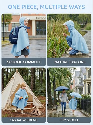 Image of Haloumoning Kids Hooded Rain Poncho Girls Waterproof Lightweight Reusable Raincoat Jacket 4-14 Years