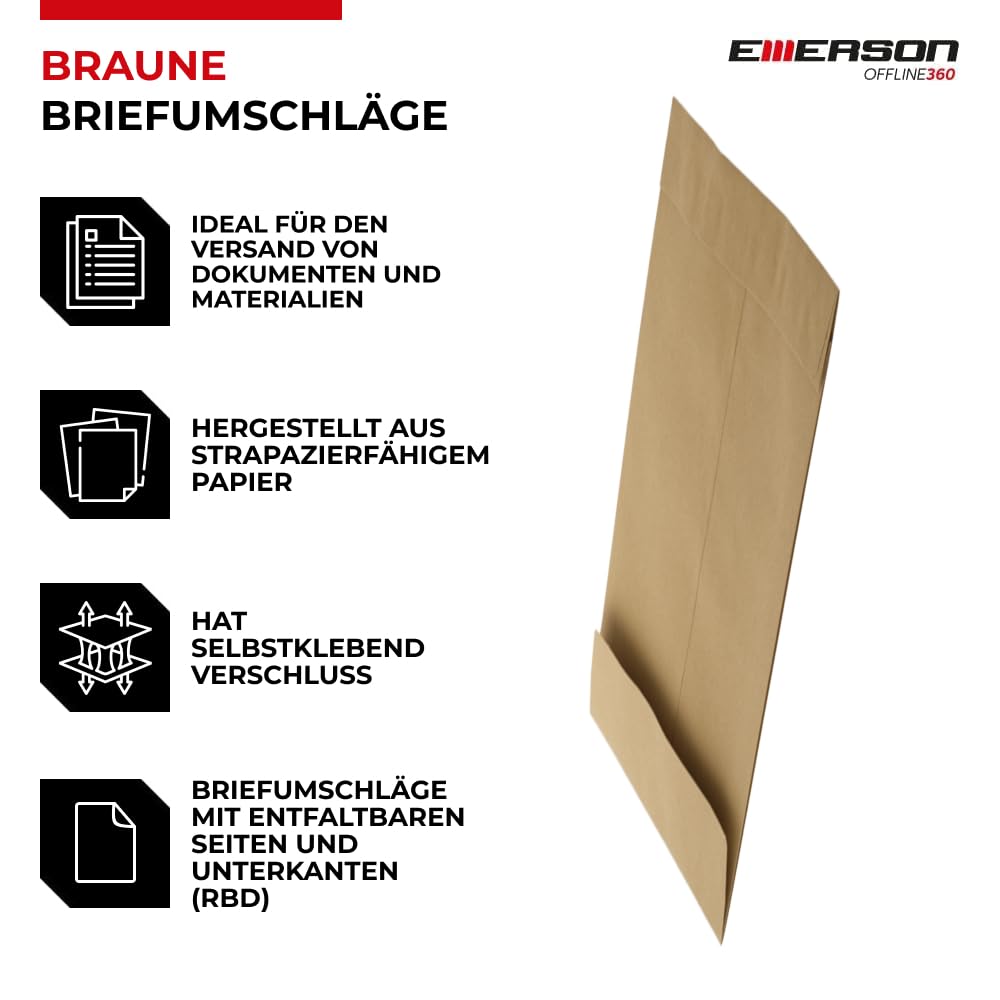 Emerson 250x Versandtasche DIN C4 Braun 324x230x40 120g RBD große Briefumschläge ohne Fenster gerade Klappe Haftklebung Umschläge Maxibrief A4 Briefkuverts Großbrief Kuverts envelope big