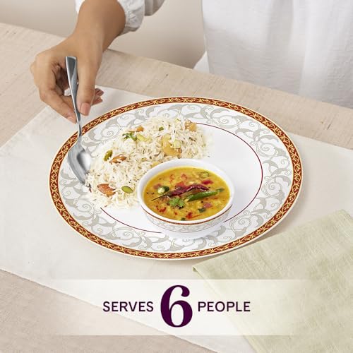 Image of Larah by Borosil Ragina Kohinoor Series Opalware Dinner Set | 19 Pcs for Family of 6 | Microwave & Dishwasher Safe | Bone-Ash Free | Crockery Set for Dining & Gifting | Plates & Bowls | White