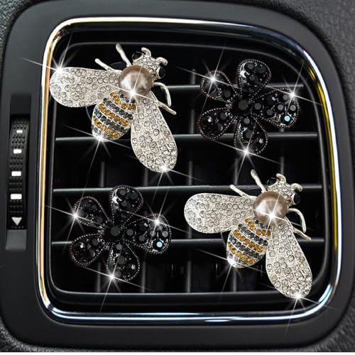 Image of 4 Pcs Gold Bling Honeybee and Black Daisy Car Air Fresheners Vent Clips Diffuser Vent Clip Rhinestone Diamond Decoration Car Interior Decor Cute Accessories for Women, Automotive Air Fresheners