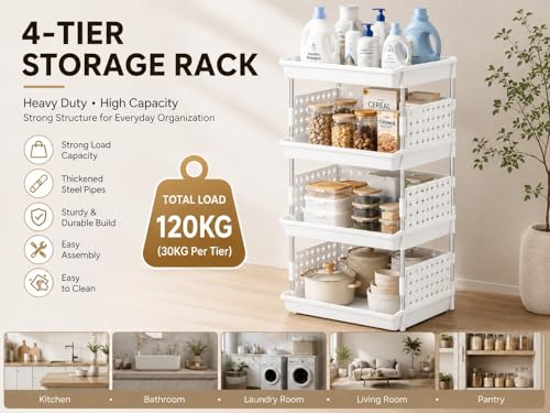 Image of KITCHIVO Multipurpose Storage Rack Organizer with Stainless Steel Pipes | Heavy Duty Plastic Shelf Stand for Kitchen, Bathroom, Laundry & Pantry (White, 4 Layer)