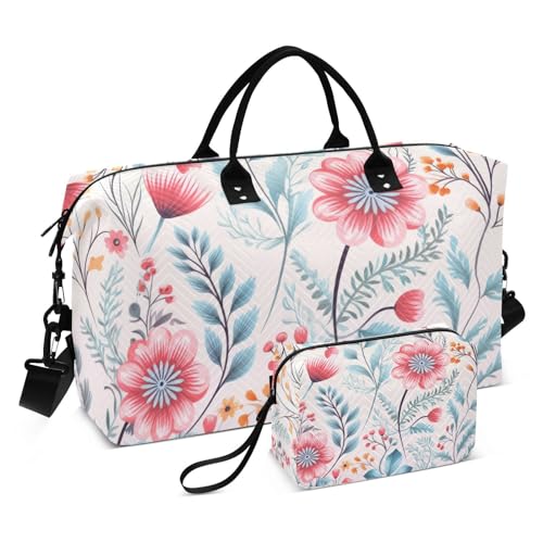 Large Travel Duffel Bag, Handdrawn Floral Sports Tote Gym Bag, Shoulder Weekender Overnight Bag for Women Men, Carry On Luggage with Toiletry Bags