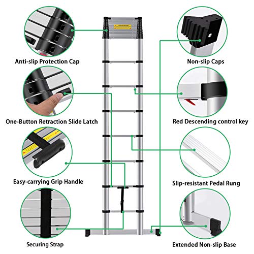 ZeeDix 15.5 FT Multi-Purpose Aluminum Telescoping Ladder with Hook- Upgrade One Button Retraction Safety Home Foldable Durable Stair for RV, Truck, Trailer, Ceiling, Roof Working, 330 lbs Capacity