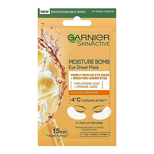 Garnier Moisture Bomb Orange Eye Mask, With Hyaluronic Acid And Orange Juice, Hydrating & Brightening Under Eye Mask, Reduce Appearance of Eye Bags, Vegan Tissue Mask, 6g
