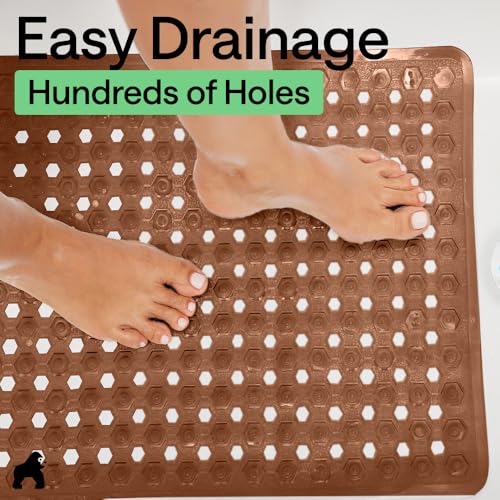 Image of GORILLA GRIP Patented Square Shower Stall Mat, Small Bathtub Floor Mats for Stand Up Showers with Suction Cups and Drainage Holes, Machine Wash, Soft on Feet, Bathroom Accessories 21x21 Inch, Brown