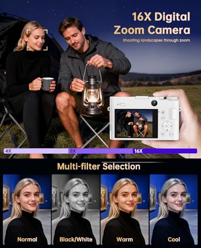 Image of 4K Digital Camera for Photography - 64MP Autofocus Vlogging Camera for YouTube with Dual-Lens - 16X Digital Zoom Anti Shake 3'' Selfie Compact Camera with Flash, 2 Batteries, Charging Stand-White