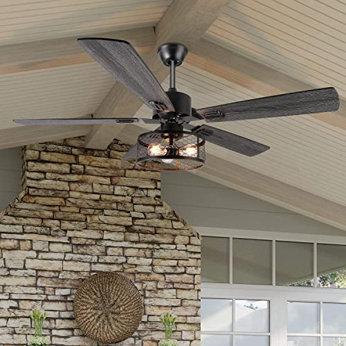 Ohniyou 52 Inch Farmhouse Ceiling Fan With Light And Remote,Industrial Ceiling Fan Light Kits With Caged Light Fixture,3-Lights Rustic Outdoor Ceiling Fan For Patio,Livingroom,Kitchen,Dining Room #TOP6