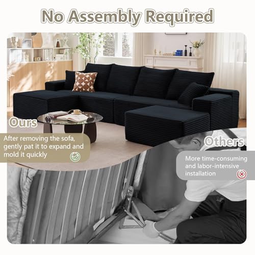 Image of 140 inch Sectional Cloud Couch for Living Room, Stupendous U Shaped Sofas, Modular Floor Deep-Seat Sofa, Big Comfy Corduroy Couches Set with Fluffy Memory Foam, No Assembly Required, Black