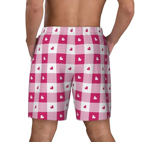 Hot Pink Plaid Heart Funny Men's Swim Trunks Board Shorts Quick Dry-4