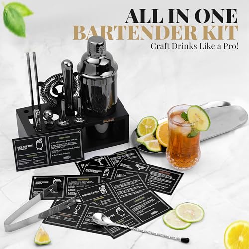 Image of Black Stainless Steel Cocktail Shaker Set with Wood Stand - 15 Piece Bartender Kit with Drink Shaker, Bar Spoon, Jigger, Muddler, Strainer, Bottle Opener, Stopper, Pour Spout, Stirrers, Tongs, Recipes