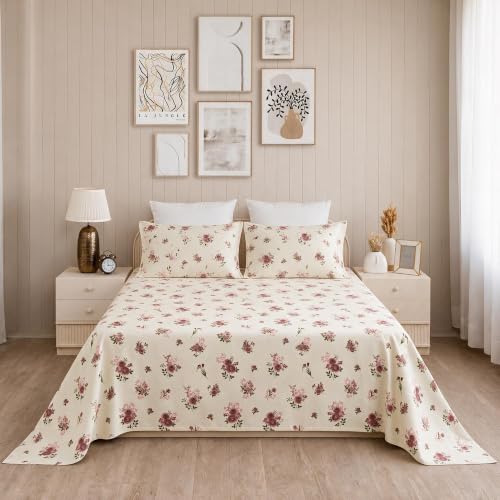 Image of HOMEMONDE Super King Size Bedsheet 108x108 Inches, 100% Pure Cotton with Two Pillow Covers, 186 TC Soft Breathable Floral Design Bedding |Premium Gift Box Included (Super King, Blush Garden)