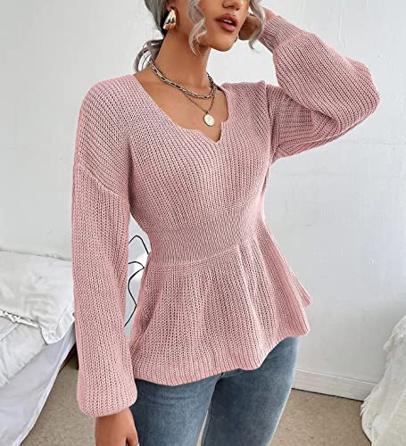 Image of Veatzaer Womens V Neck Sweaters Fall Trendy Casual Long Lantern Sleeve Ribbed Knit Pullover Sweater Tops