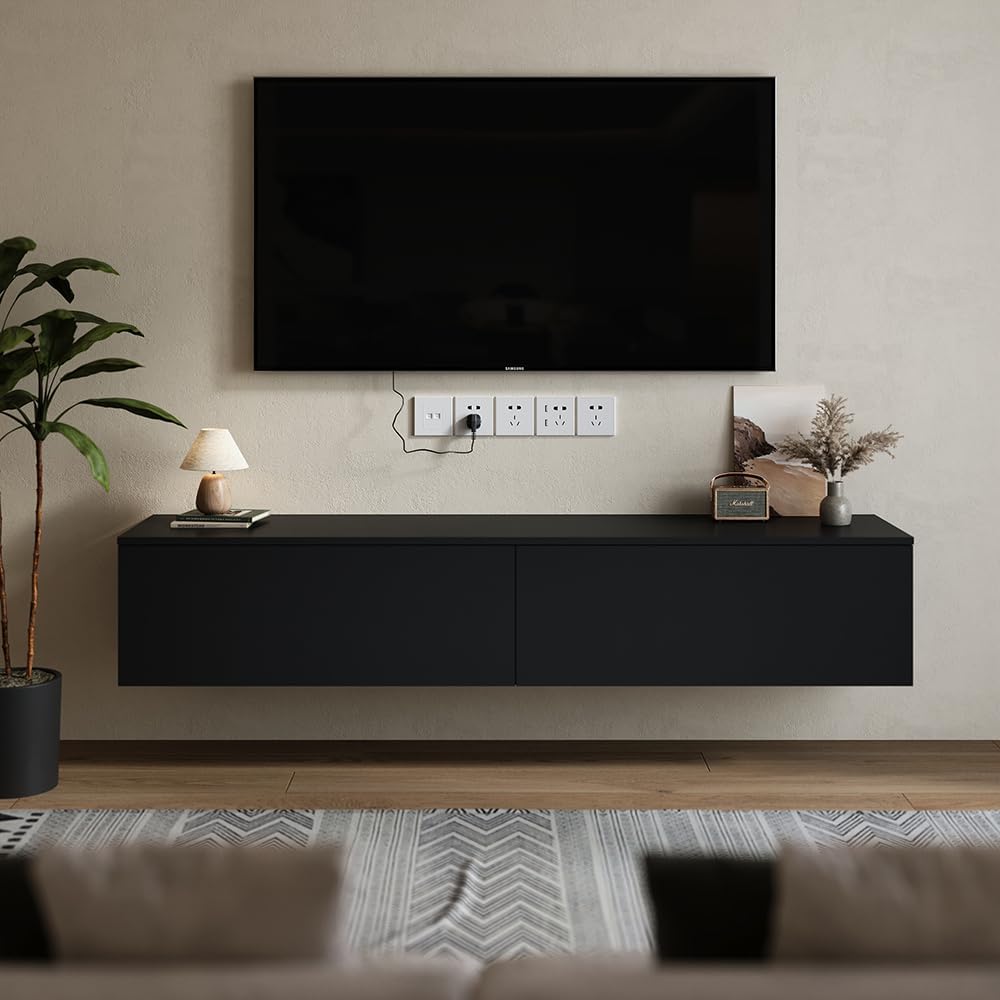 Warmiehomy Floating TV Unit Wall Mounted TV Unit with Two Baffles Media Wall Units for Living Room (Black, 160cm)