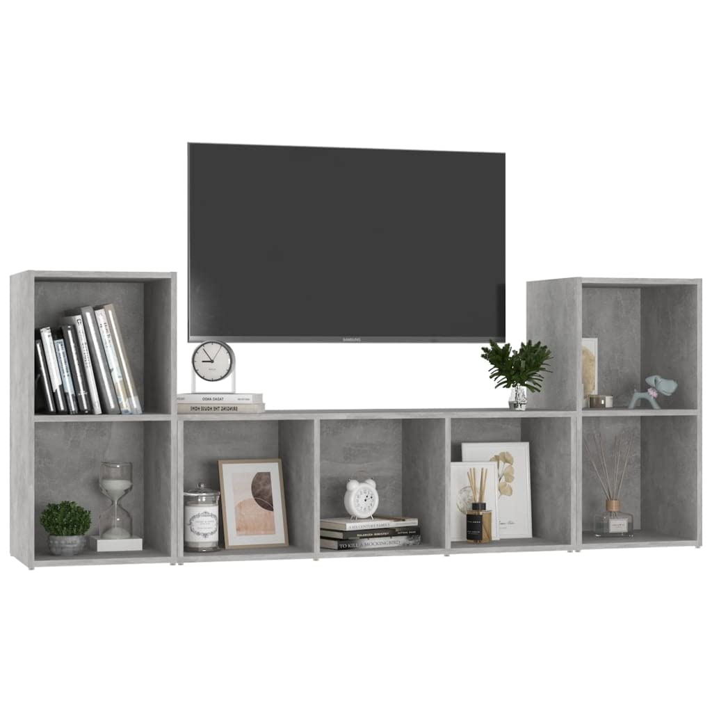 3-TLG. TV-Schrank-Set Betongrau aus Holzwerkstoff, modernes Lowboard für Wohnzimmer, vielseitiges Media-Center mit Stauraum, erweiterbares Design