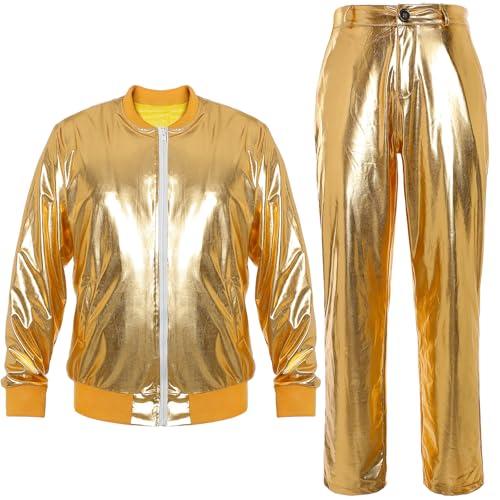 Halfchet Mens Metallic Jacket and Pants Set Jacket Men Straight Leg Trousers Costume for Men Disco Cosplay Party (Gold X-Large)