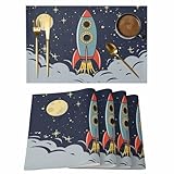 Platzsets in Hellblau und Hellgrau, 4er-Set, abwaschbar und mit Cartoon-Motiven, Mond und Sterne, modernes Design, wasserfest, für drinnen und draußen, ideal als Tischdekoration für festliche Anlässe.