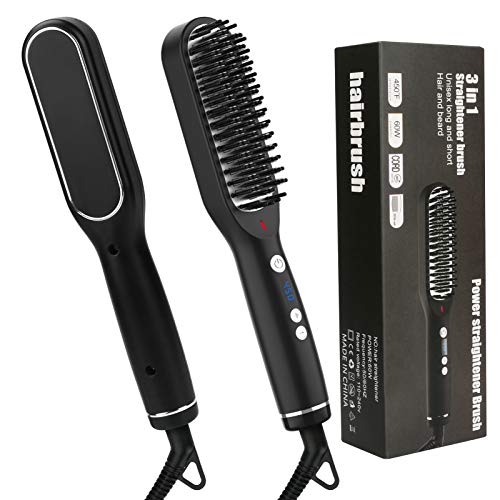 welltop Hair Straightener Brush, Beard Straightener, Heated Hair Straightening Brush with 5 Heat Levels for Women Men, Portable Straightening Comb with Anti-Scald&Auto-Off for Home and Travel