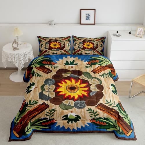 Homemissing Juego de edredón de juego de fogata, juego de ropa de cama con tocón de árbol para niños y niñas, juego de edredón con temática de bosque bosque, juego de edredón ultrasuave para verano,