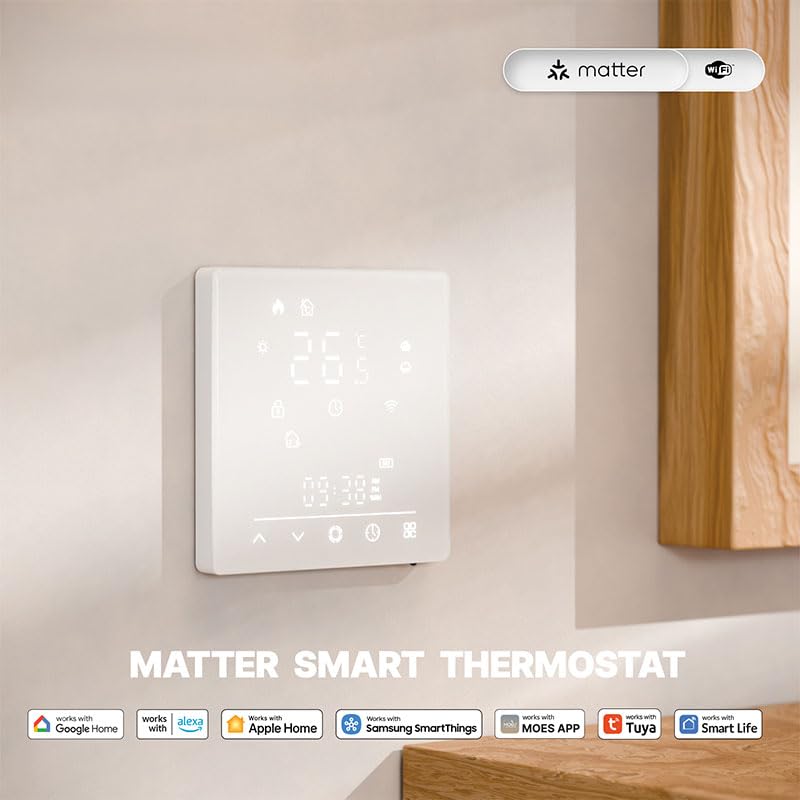 Inteligentny termostat WiFi, inteligentny chronotermostat do ogrzewania podłogi wodnej, kompatybilny z Apple Home, Google Assistant, Alexa, Samsung SmartThings, Tuya, Smart Life, biały