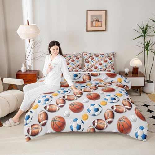 Image of Feelyou Soccer Football Comforter Set Full Size Basketball Baseball Softball Sport Theme Bedding Set for Kids Boys Girls Light Gray Duvet Quilt Bedroom Decor Microfiber 3 Pcs with 2 Pillow Cases