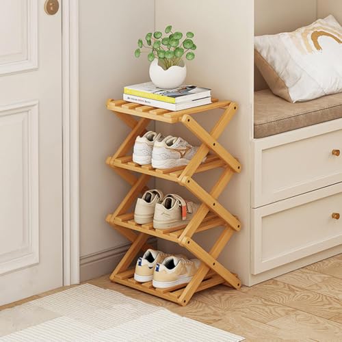 Bamboo Rack for Shoes,Foldable Shoe Rack- No Assembly Required,Tall Narrow