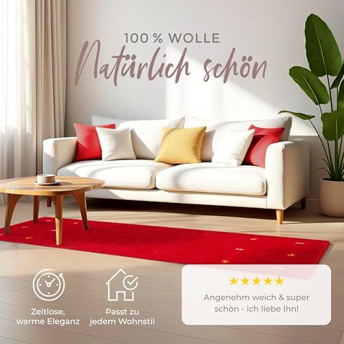 carpetfine Wollteppich Gabbeh Uni Läufer Rot 80x300 cm | Moderner Teppich für Wohn- und Schlafzimmer