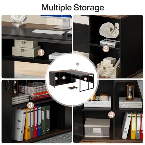 Image of Tribesigns 71 inch Executive Desk, L Shaped Desk with Cabinet Storage, Executive Office Desk with Shelves, Business Furniture Workstation for Home Office, Black and Brown