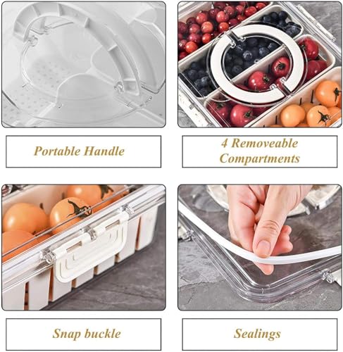 Image of Divided Fridge Storage Box with 4 Compartment | Veggie Tray for Refrigerator Organizer with Lid Handle Removable Baskets | Space Saver | Fruit Storage Container