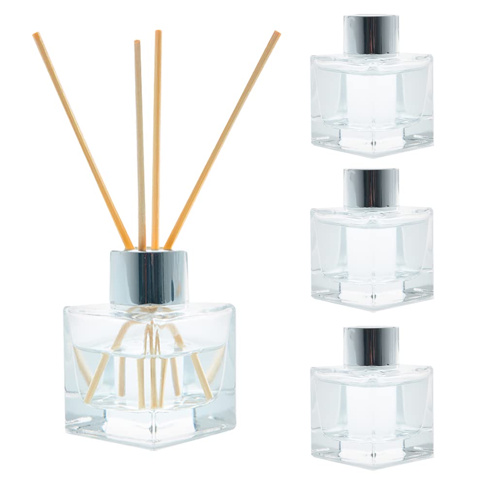 ZENO Glass Diffuser Set of 4 | Empty Clear Bottles 50ml | Essential Fragrance | Oil Reed Diffusers Set | Small Glass Diffuser Bottles with Caps for Home Bathroom Fragrance Accessories