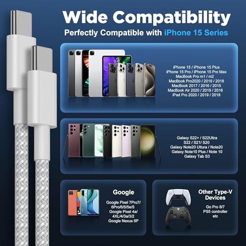 Image of 80W USB C To Type C Charger Cable A- 1M Nylon Braided Fast Charging Cable Compatible With Macbook, iPhone 15 /14, OnePlus, Samsung, PD Power Delivery & Data Sync, White