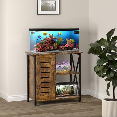 Image of Herture 20-29 Gallon Fish Tank Stand, Aquarium Stand with Cabinet Accessories Storage, Heavy Duty Metal Frame, 31.49 inch L*15.74 inch W Tabletop, 330LBS Capacity, Rustic Brown PG07YGN