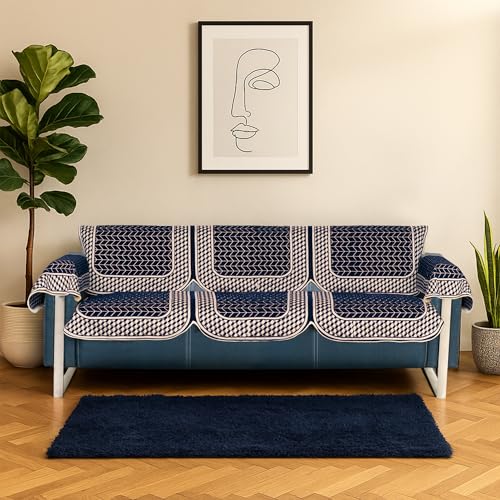 Image of Premium Chenille Woven Anti-Slip 3 Seater Sofa Cover with Arm Rest | L-Shape Sofa Seat Protector for Living Room | Durable & Stylish Slipcover - Navy Blue - 3D