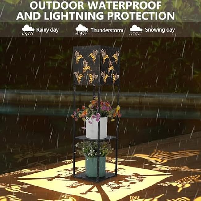 Large Solar Lanterns Outdoor Waterproof - 31inch Tall Lantern Decorative Hummingbird Projection Lights with 2 Tier Plant-Stand, Premium Metal, Solar Outdoor Lanterns for Patio Garden Yard Lawn Decor