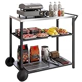 Outsunny Outdoor Grill Cart with Stainless Steel Tabletop for Kitchen Prep, Two-Tier Pizza Oven Stand, Food Prep Table on Wheels, Black
