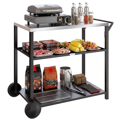 Outsunny Outdoor Grill Cart with Stainless Steel Tabletop for Kitchen Prep, Two-Tier Pizza Oven Stand, Food Prep Table on Wheels, Black