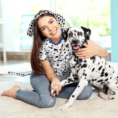 Toulite 4 peças de fantasia de cachorro dálmata para adultos, inclui camisa de couro, orelhas de cac