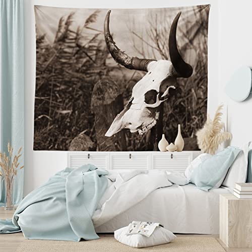 Ambesonne Western Tapestry, Photo Of A Bull Skull On A Stick Bushes Totem And Myth Inspired By Culture Style Of Artwork Print, Wall Hanging For Bedroom Living Room Dorm Decor, 40" X 60", Dark Brown #TOP5