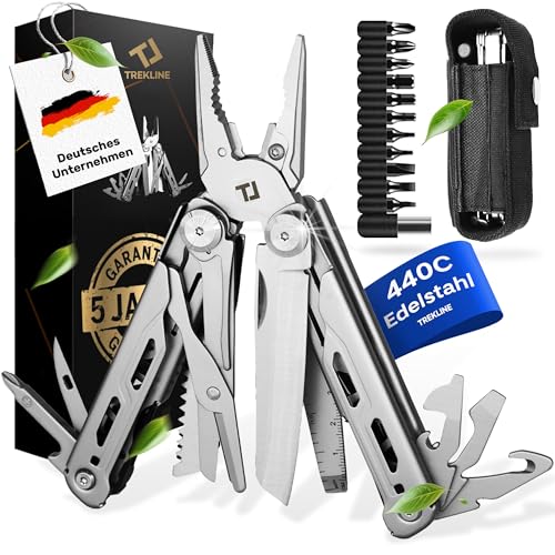 TREKLINE Navaja Suiza Multiusos [Acero 440C] Herramienta de Supervivencia Camping Outdoor, Alicate Destornillador Sierra, Cuchillo Plegable EDC Senderismo Pesca Caza (Caveman Plus)