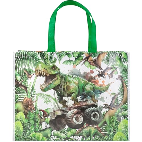 Loveinside Dinosaur Reusable Gift Bag Tropical Monster Truck Design Large Recycled Party Favor Gift Bag for Kids Birthday Shopping School and Storage 16 x 6 x 12 1 Pcs