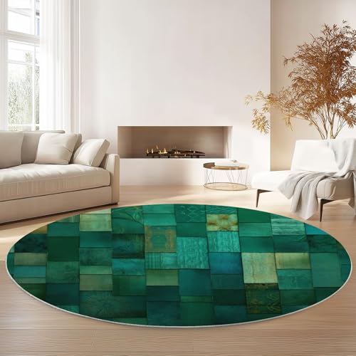 Tapis rond flanelle lavable 100 cm rétro géométrique vert à poils ras