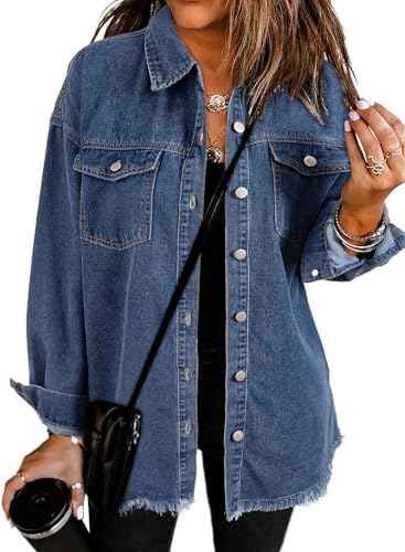 Dokotoo Damen Jeansjacke Oversize Übergangsjacke Casual Langarm Jeanshemd Streetwear Distresse Jeans Jacken für Frühling Herbst blau M