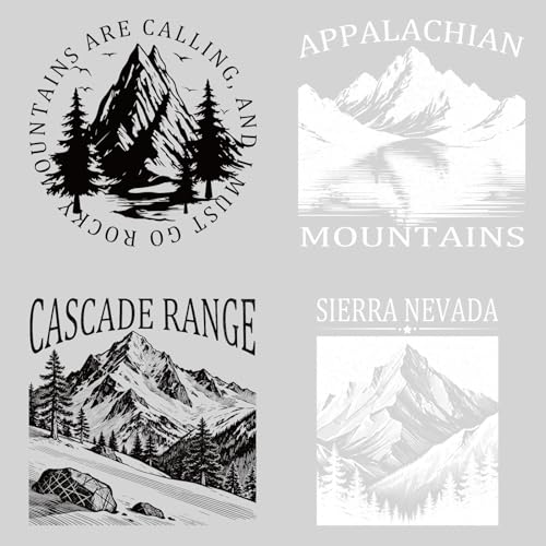SUPERDANT 4 calcomanías de transferencia de calor de montaña con texto en inglés 'Mountains are Calling', lavables para planchar en camisetas, transferencias DTF, listas para presionar, para ropa
